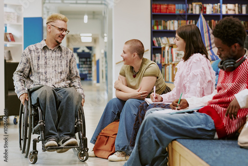 Group of diverse students conversing in library setting including individual in wheelchair engaging with peers surrounded by books and comfortable seating areas