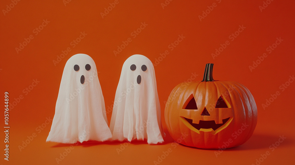 Halloween Ghosts and Jack o Lantern on Orange Background Halloween Ghosts and Jack o Lantern on Orange Background