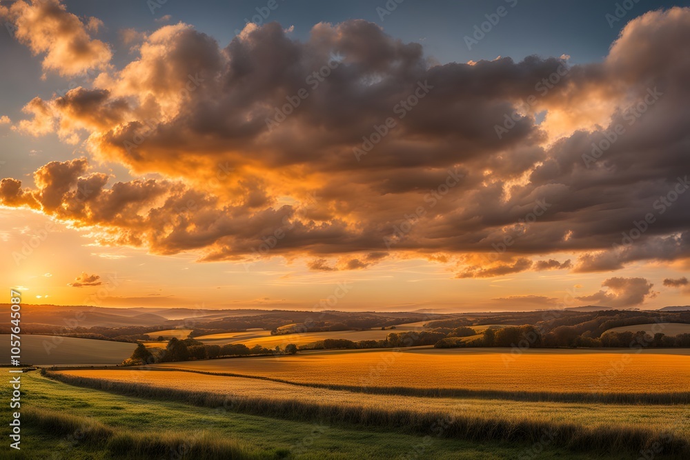golden hour sky with warm oranges and yellows clouds illuminated softly over a rural landscape, Ai Generated golden hour sky with warm oranges and yellows clouds illuminated softly over a rural landscape, Ai Generated