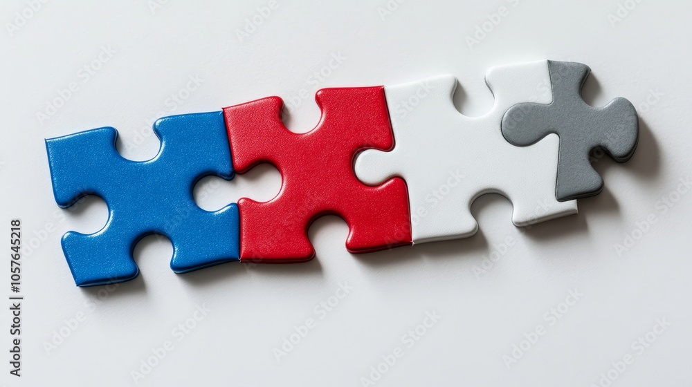 A series of puzzle pieces in red, white, blue, and gray arranged in a line