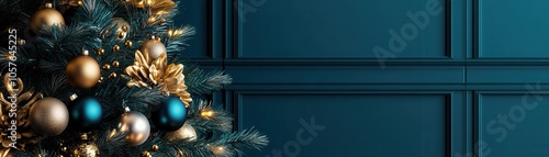 Elegant Christmas tree with gold and teal decorations