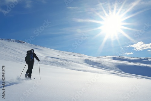 Backcountry skier ascending a snowy mountain slope under a bright, sunlit sky. photo