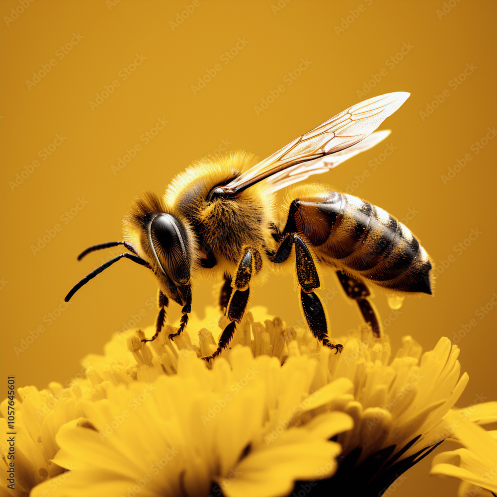 Photograph of bee in static position on yellow flower with yellow background Photograph of bee in static position on yellow flower with yellow background