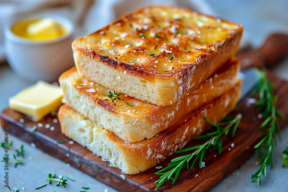 Stack of buttery, herb-infused bread slices on a wooden surface. Stack of buttery, herb-infused bread slices on a wooden surface.
