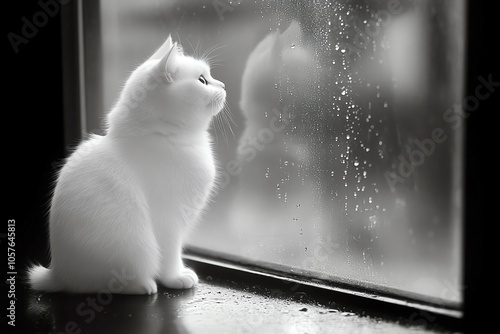 White cat looking out the window, rain droplets on glass, serene atmosphere. photo