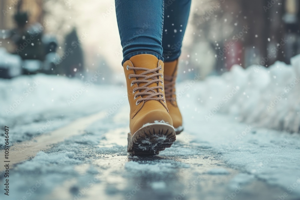Close-up of a Person's Foot Wearing Brown Boots Walking on a Snowy Street Close-up of a Person's Foot Wearing Brown Boots Walking on a Snowy Street