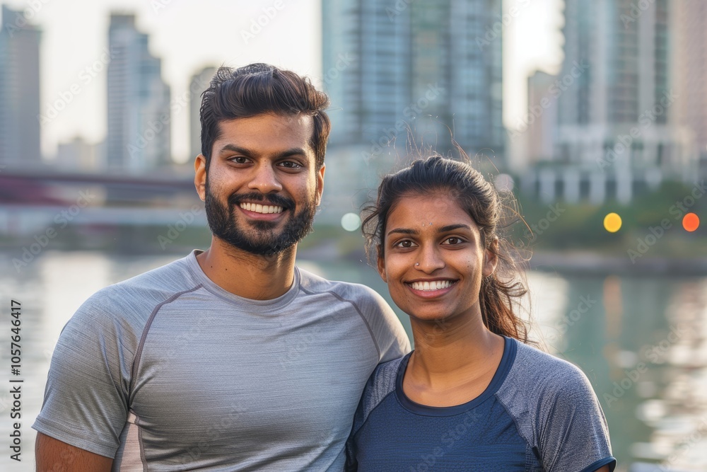 Portrait of a happy indian couple in their 20s wearing a moisture-wicking running shirt isolated on vibrant city skyline Portrait of a happy indian couple in their 20s wearing a moisture-wicking running shirt isolated on vibrant city skyline
