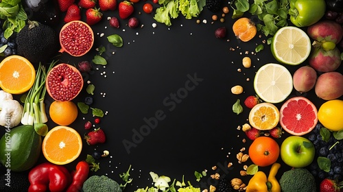 Ripe and fresh fruits and vegetable ordering on left and right side with copy space in the middle  photo