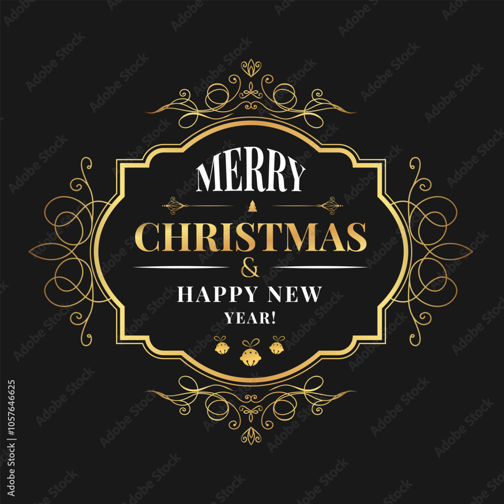 Merry Christmas and Happy New Year card, banner, cover design template with gold vintage calligraphic frame and typography on black background. Creative concept in trendy retro style. Merry Christmas and Happy New Year card, banner, cover design template with gold vintage calligraphic frame and typography on black background. Creative concept in trendy retro style.