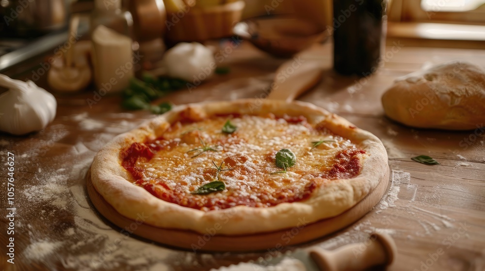 Pizza cutting board on wooden table for baking homemade bread with bakery concept in kitchen Pizza cutting board on wooden table for baking homemade bread with bakery concept in kitchen