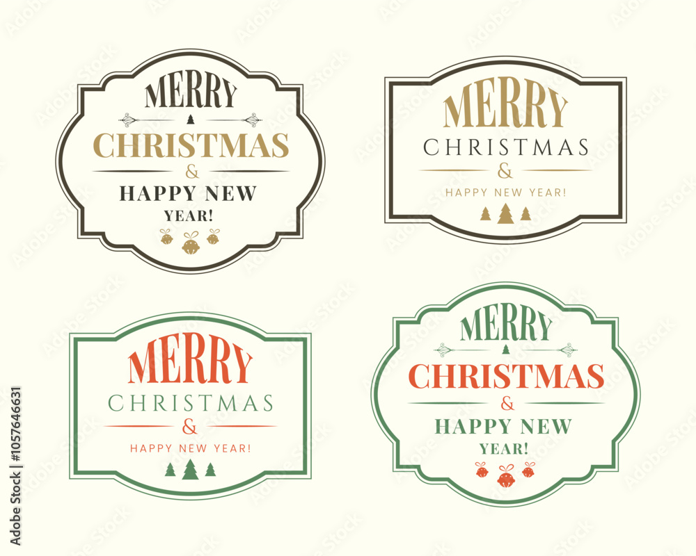 Set of Merry Christmas and Happy New Year card, banner, cover, label design template with vintage frame and typography in gold, red, green color. Creative concept in trendy retro style. Set of Merry Christmas and Happy New Year card, banner, cover, label design template with vintage frame and typography in gold, red, green color. Creative concept in trendy retro style.