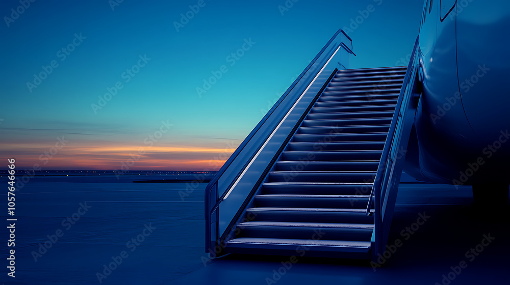 Fototapeta premium Airplane Boarding Steps at Sunset in Silhouette