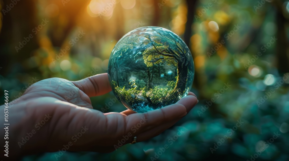 Hand Holding a Crystal Sphere Reflecting a Forest Scene Hand Holding a Crystal Sphere Reflecting a Forest Scene