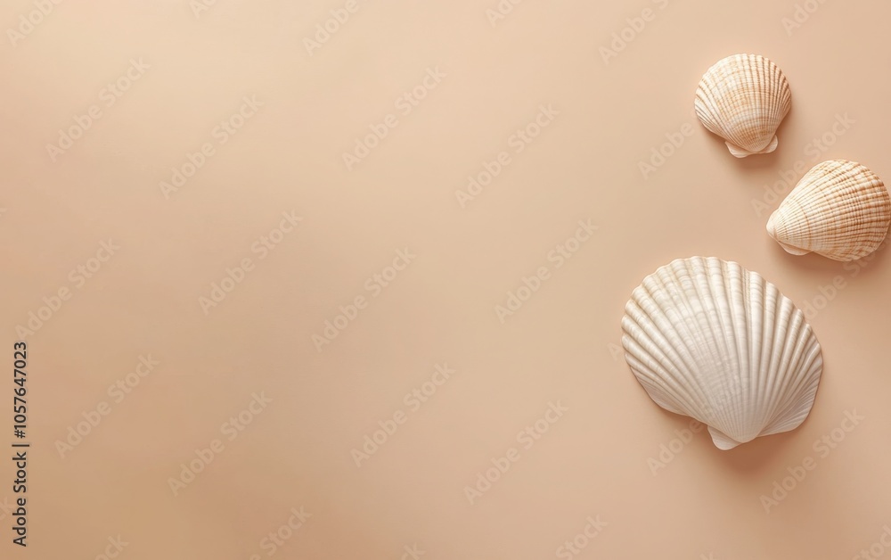 A high-quality, minimalist photo of a seashell and two small shells displayed against a beige, light peach-toned background. A high-quality, minimalist photo of a seashell and two small shells displayed against a beige, light peach-toned background.
