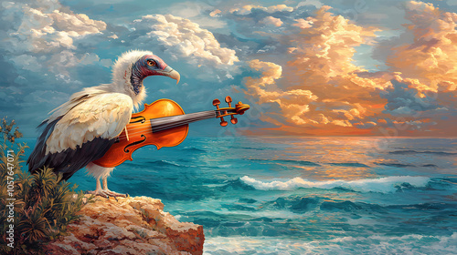 Violin Vulture: A vulture perched on a cliff edge cradles a violin under its wing. Its beak hovers near the strings, ready to play a haunting melody. Storm clouds gather in the sky.  photo