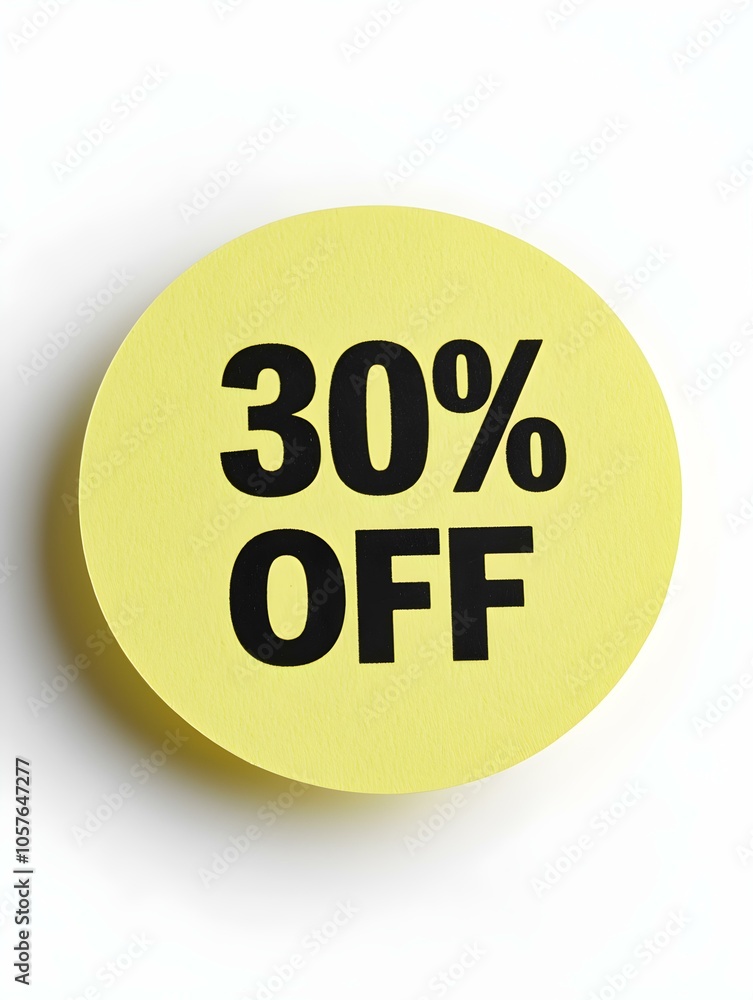 Black '30% OFF' Text on a Light Yellow Round Paper Note. White Background Black '30% OFF' Text on a Light Yellow Round Paper Note. White Background