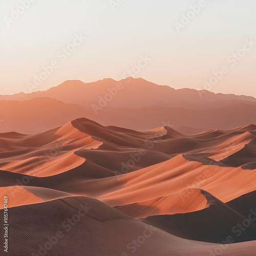 Expansive Desert Landscape with Tall, Rippled Sand Dunes Under Clear Blue Sky