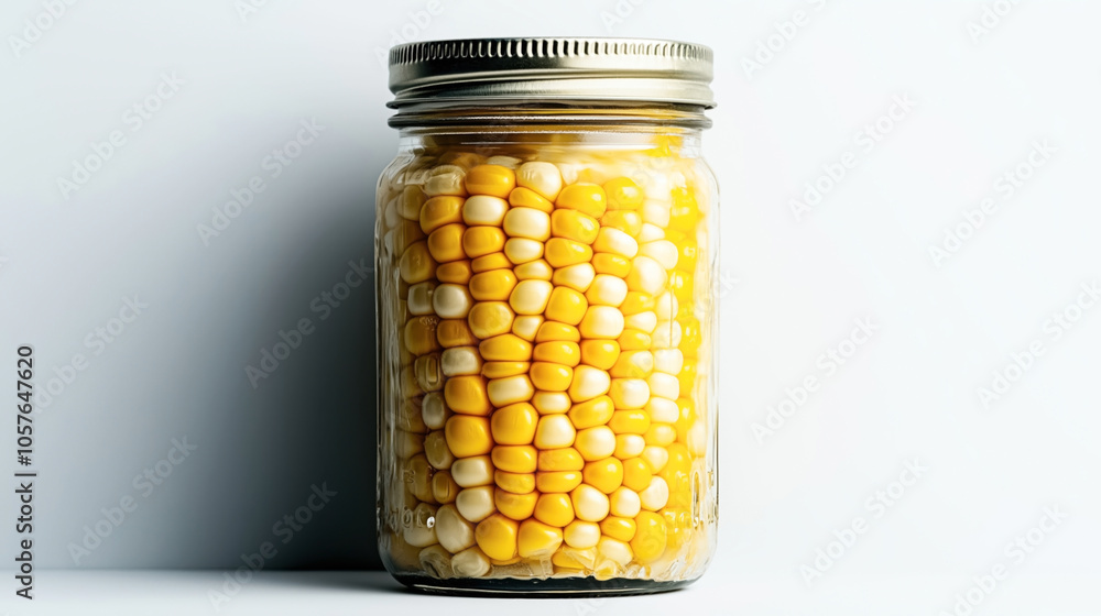 Glass jar filled with yellow and white corn kernels, with a metal lid, set against a plain white background. Glass jar filled with yellow and white corn kernels, with a metal lid, set against a plain white background.