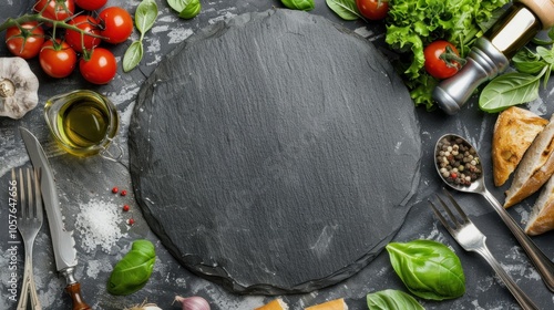 Wallpaper Mural Black stone plate on a dark gray background with various food ingredients and kitchen Torontodigital.ca