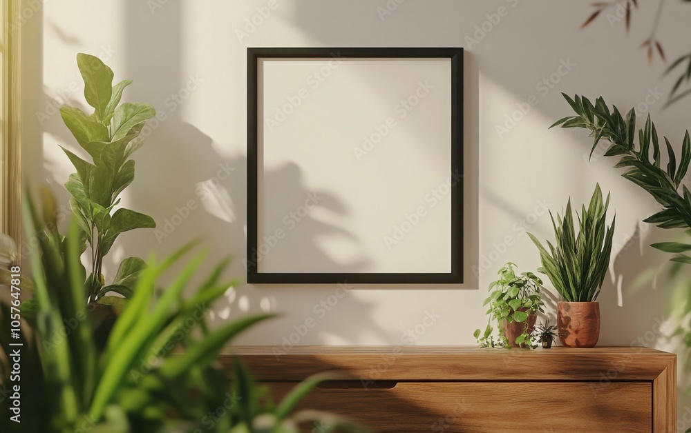 A realistic 3D render of a blank black frame mounted on a white wall, paired with a sleek wood sideboard and vibrant plants. A realistic 3D render of a blank black frame mounted on a white wall, paired with a sleek wood sideboard and vibrant plants.
