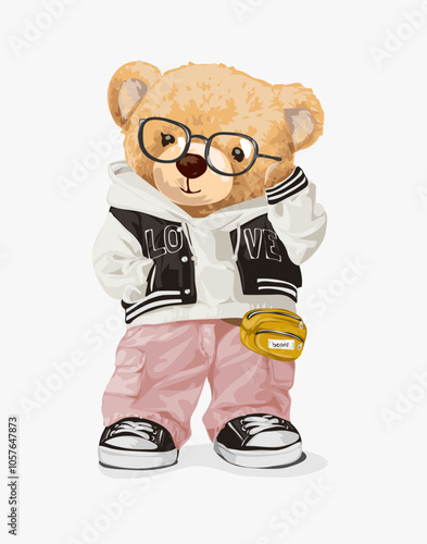 cute bear doll in fashion style and glasses vector illustration