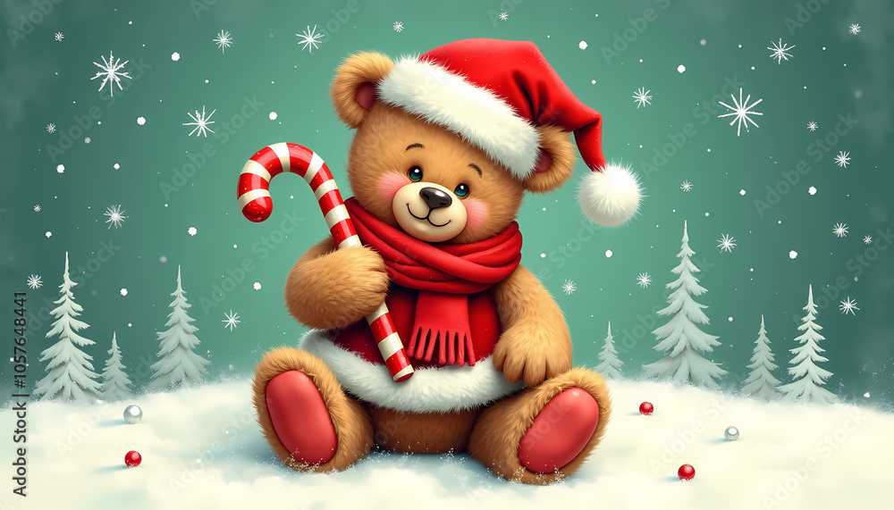 Cute Teddy Bear with Festive Smile Holding Candy Cane Against Snowy Winter Forest Background Cute Teddy Bear with Festive Smile Holding Candy Cane Against Snowy Winter Forest Background