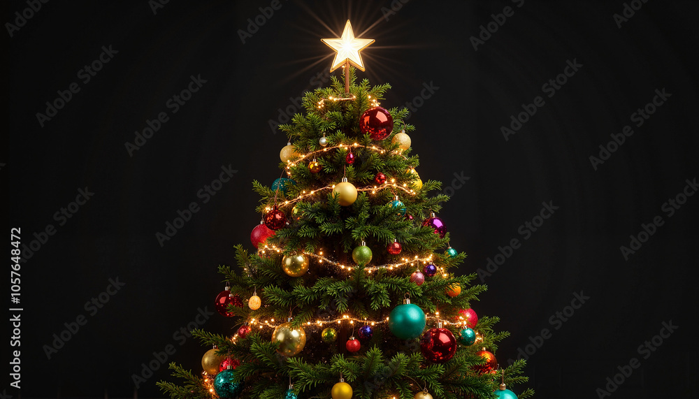 Decorated Christmas Tree with Glowing Star Topper in Traditional Colors against Dark Background Decorated Christmas Tree with Glowing Star Topper in Traditional Colors against Dark Background
