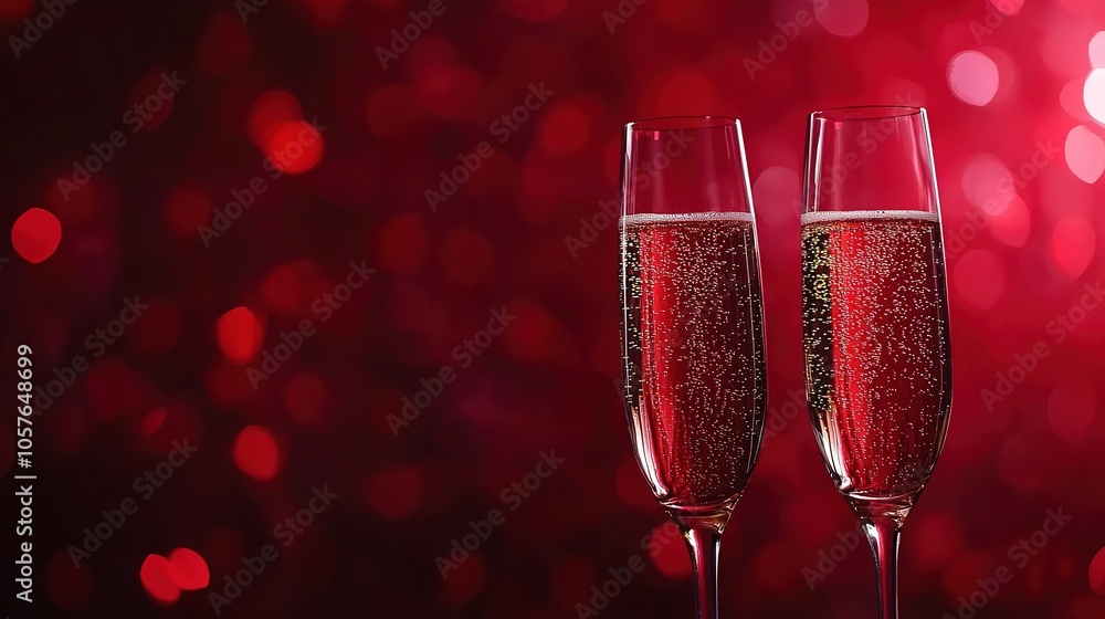 Two champagne flutes with sparkling wine over a romantic red Bokeh background. Valentine's Day Events concept 