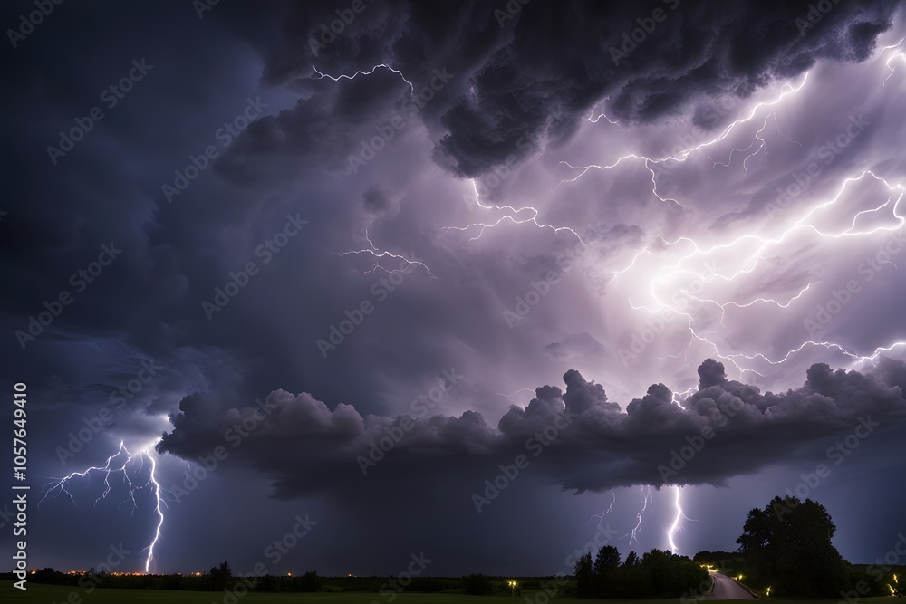 Intense thunderstorm sky with dark stormy clouds lightning flashing through the sky, AI Generated Intense thunderstorm sky with dark stormy clouds lightning flashing through the sky, AI Generated