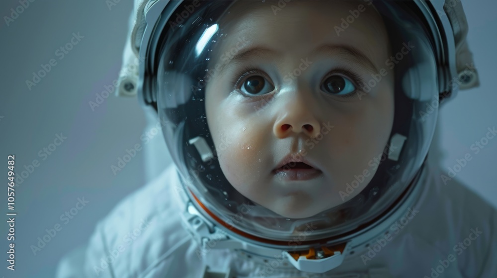 A baby astronaut's face and suit are highlighted in a close-up shot, featuring a detailed view of the suit's design against a clean and simple background. A baby astronaut's face and suit are highlighted in a close-up shot, featuring a detailed view of the suit's design against a clean and simple background.