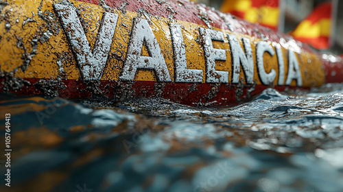 Close-Up of Weathered Valencia Text Submerged in Water with Spanish Flag Colors