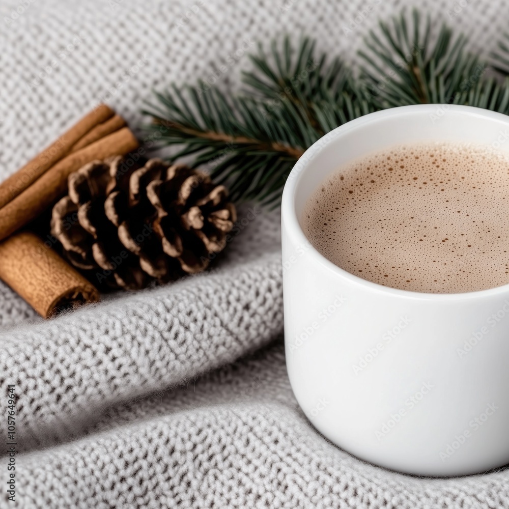 Cozy winter scene featuring warm drink in white mug surrounded by cinnamon sticks pinecone and green sprigs on textured gray knitted blanket evoking comfort and warmth in soft neutral tones Cozy winter scene featuring warm drink in white mug surrounded by cinnamon sticks pinecone and green sprigs on textured gray knitted blanket evoking comfort and warmth in soft neutral tones
