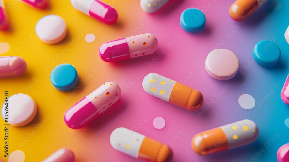 Colorful Pills and Capsules on Vibrant Background Colorful Pills and Capsules on Vibrant Background