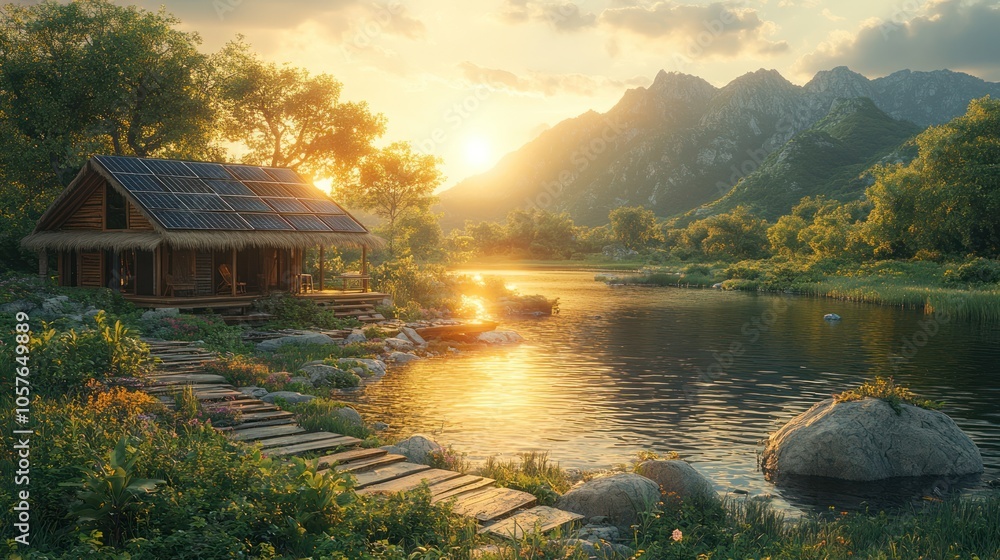 Fototapeta premium A small cabin with solar panels sits on the edge of a lake with a mountain range in the background. The sun is setting, casting a golden glow over the scene.