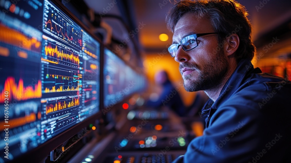 Man Monitoring Data on Computer Screens Man Monitoring Data on Computer Screens