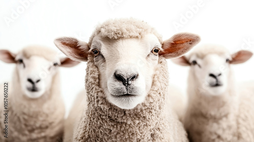 Close-up of three sheep with white wool against a plain white background, featuring sharp focus on the central sheep and slightly blurred sheep in the background.