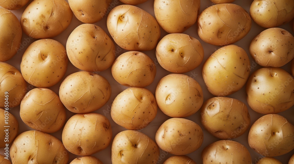 A collection of washed potatoes with smooth skins arranged neatly in rows A collection of washed potatoes with smooth skins arranged neatly in rows