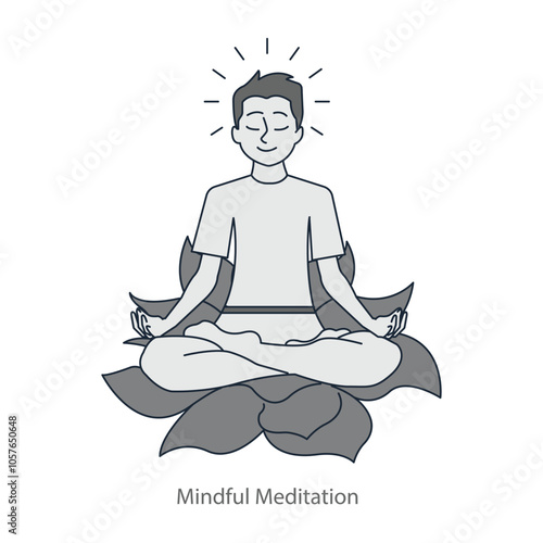 Vector icon for mindful meditation. A person in a lotus pose with aura lines around, symbolizing relaxation, mental clarity, and mindfulness.