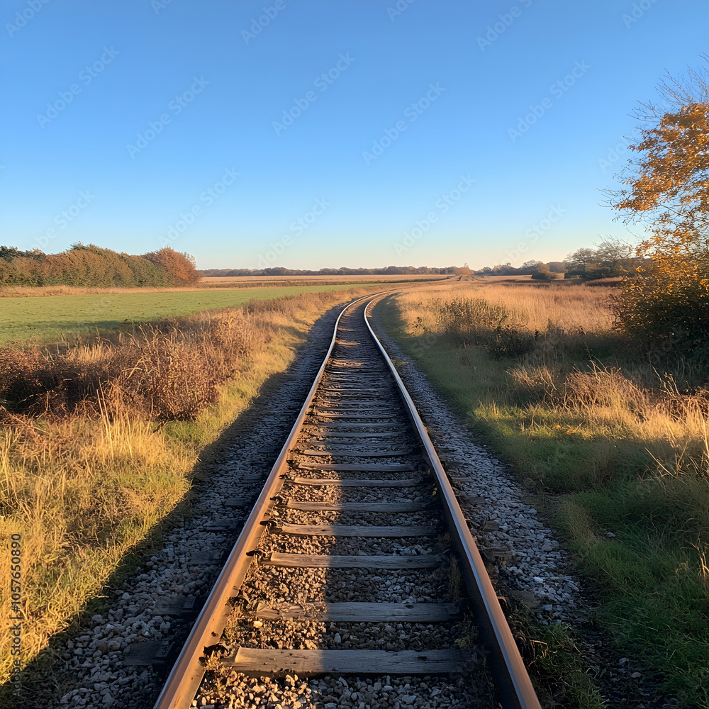 Obraz premium Long Winding Railway Track Through a Serene Rural Field at Dusk