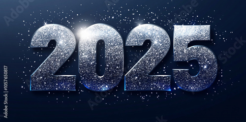 2025 on a dark blue background, with a silver particle and glitter effect.