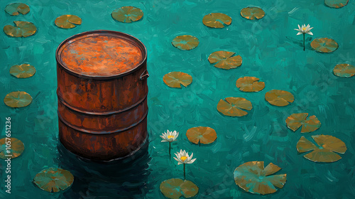 Oil barrel surrounded by water lilies in tranquil setting photo