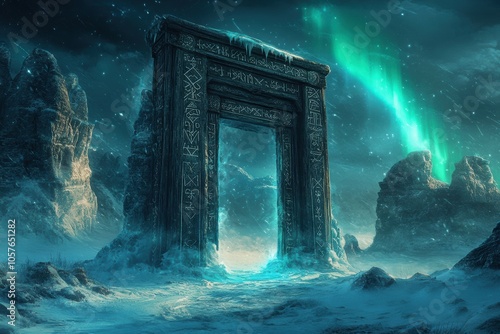 fantasy portal, a magical wooden portal adorned with ancient symbols, set in a wintry landscape beneath the northern lights photo