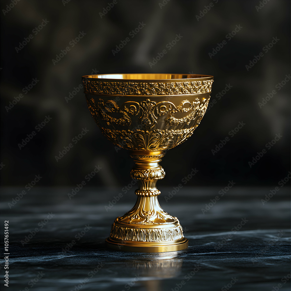 Gleaming Luxurious Gold Trophy Cup on Dark Background with Elegant Reflections Gleaming Luxurious Gold Trophy Cup on Dark Background with Elegant Reflections