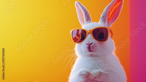 A cute bunny wearing oversized sunglasses against a vibrant gradient background, perfect for conveying a playful and fun atmosphere.
