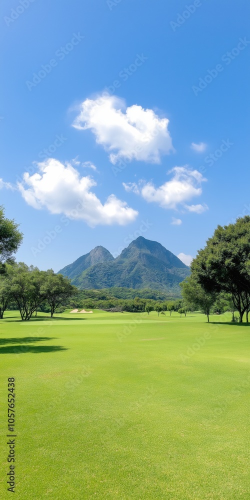 Fototapeta premium A beautiful green field with a mountain in the background. The sky is clear and blue, and the sun is shining brightly. The scene is peaceful and serene, with the mountain providing a sense of grandeur
