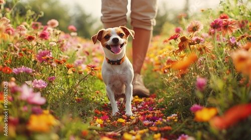 Fototapeta Naklejka Na Ścianę i Meble -  A joyful small dog walking through a vibrant flower field, accompanied by a person, showcasing nature's beauty and companionship.