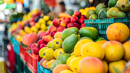 Fototapeta Naklejka Na Ścianę i Meble -  Assorted tropical fruits displayed at outdoor market