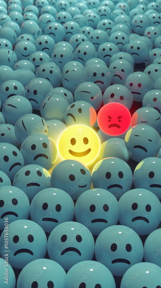 Obraz premium Blue and Red Spheres with Various Emoji Faces, Central Frown