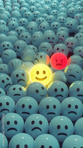 Blue and Red Spheres with Various Emoji Faces, Central Frown