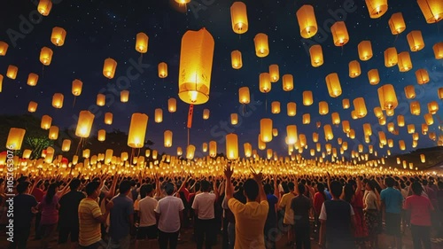Crowd at lantern festival, 4K seamless looping virtual video animation background